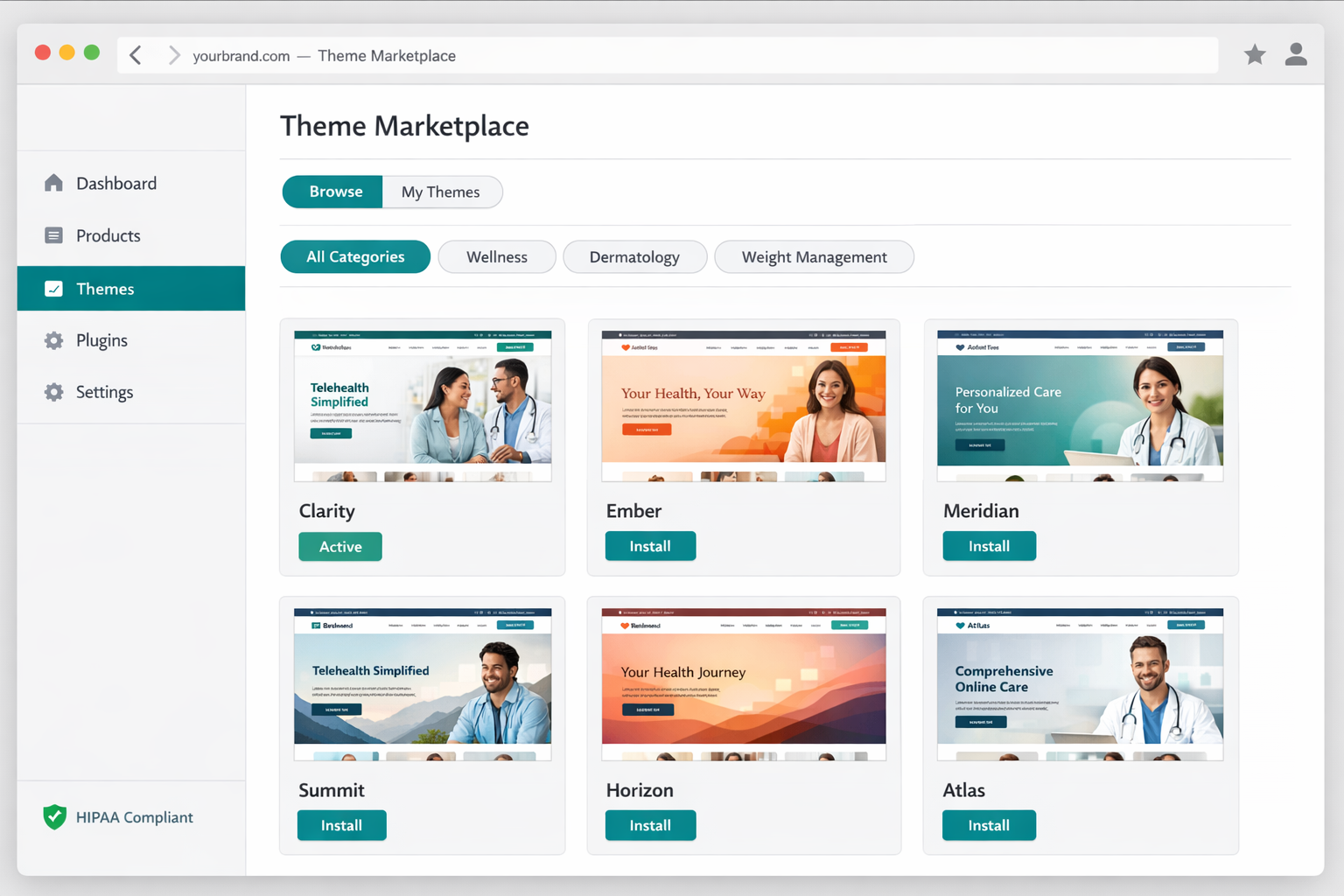 Preview of the coming theme marketplace with multiple telehealth storefront designs and one-click install